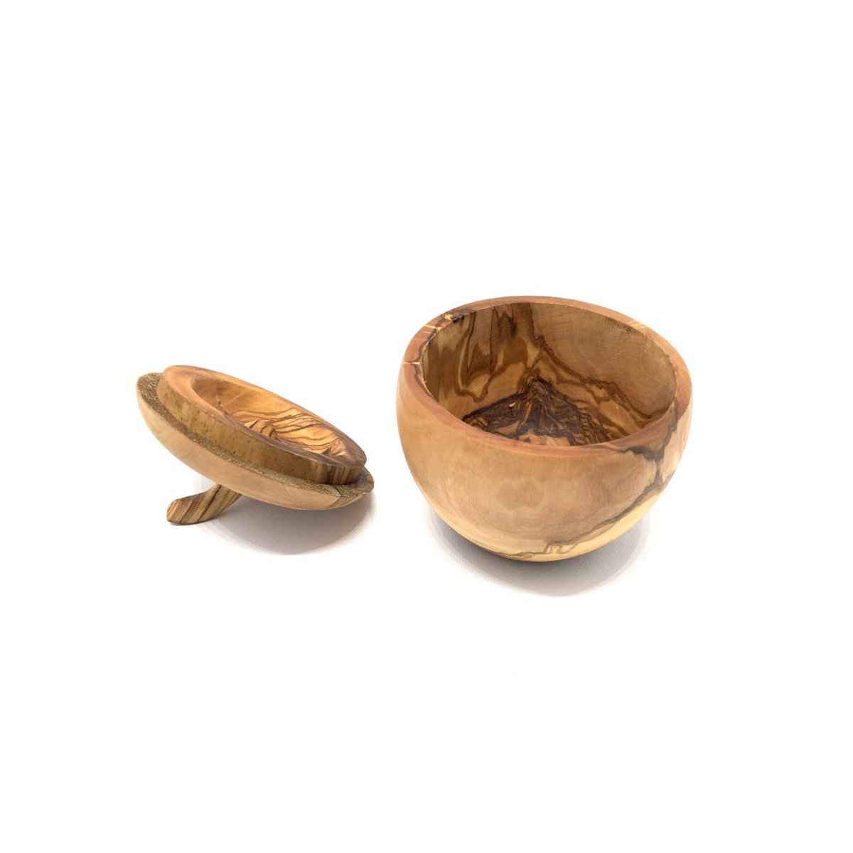 Apple-shaped salt box with salt shovel, olive wood