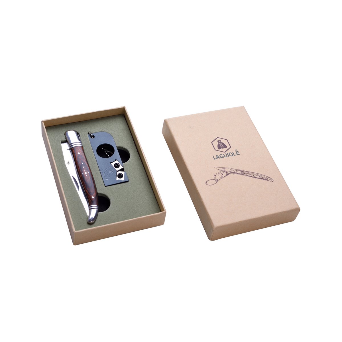 Laguiole - Folding knife set with keychain sharpener - Stainless steel, Pakka wood - Handy for outdoor activities - Beautiful gift box - Stainless steel