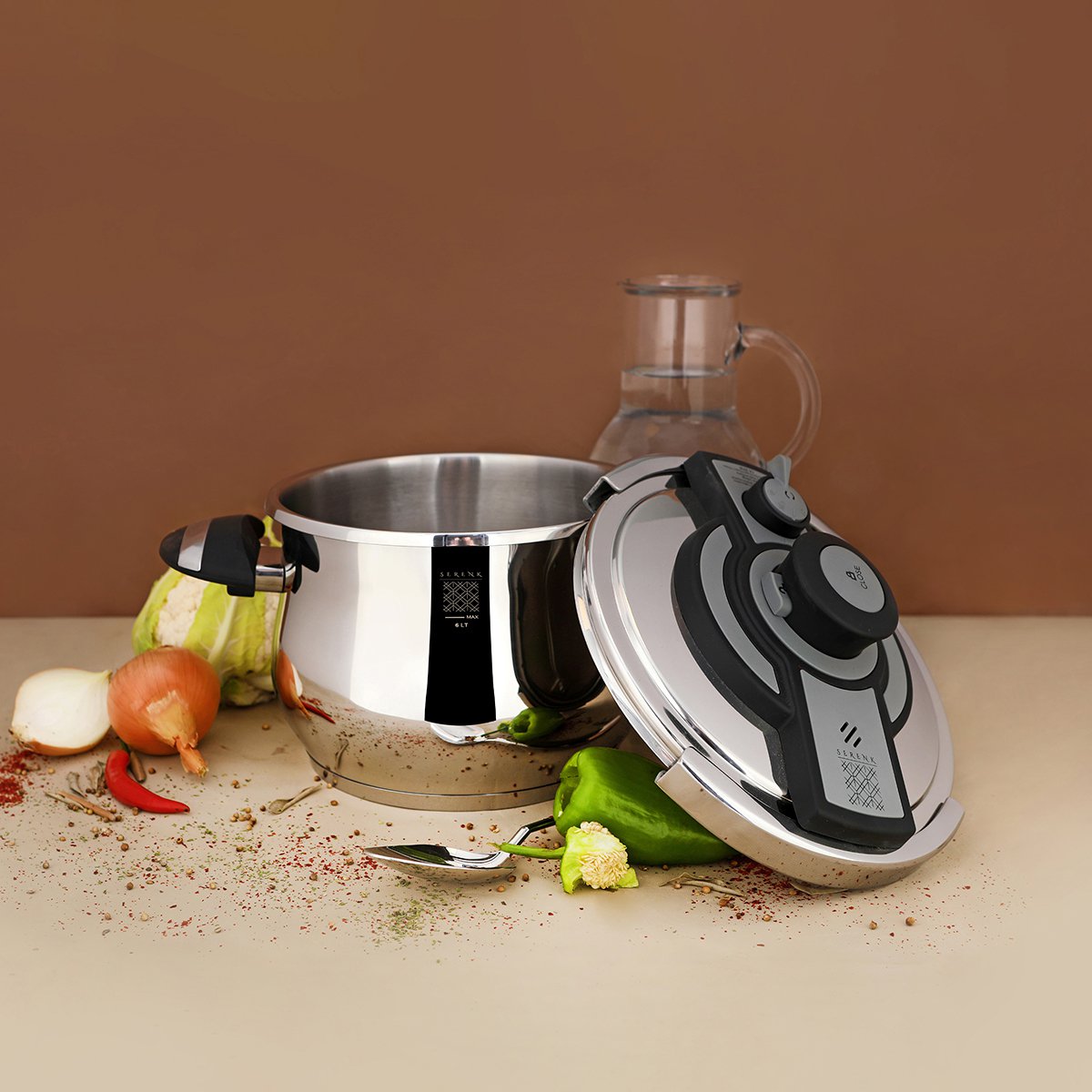 Serenk 6L Stainless Steel Pressure Cooker, Dishwasher Safe, Induction Compatible, Safety Lock