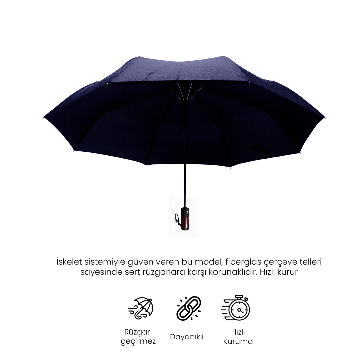 Biggdesign Moods Up Premium Wooden Handle Navy Blue Fully Automatic Umbrella - Water and Wind Resistant, Lightweight