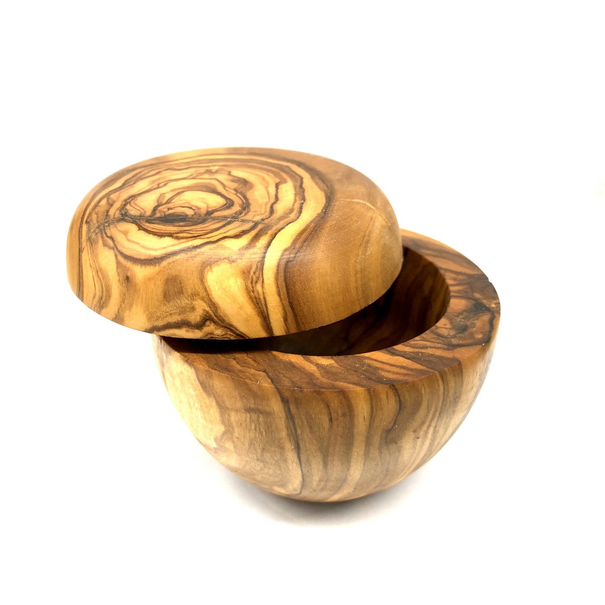 Salt box with lid including salt shovel, olive wood