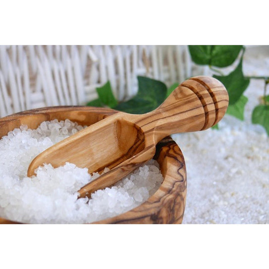 Salt box with lid including salt shovel, olive wood