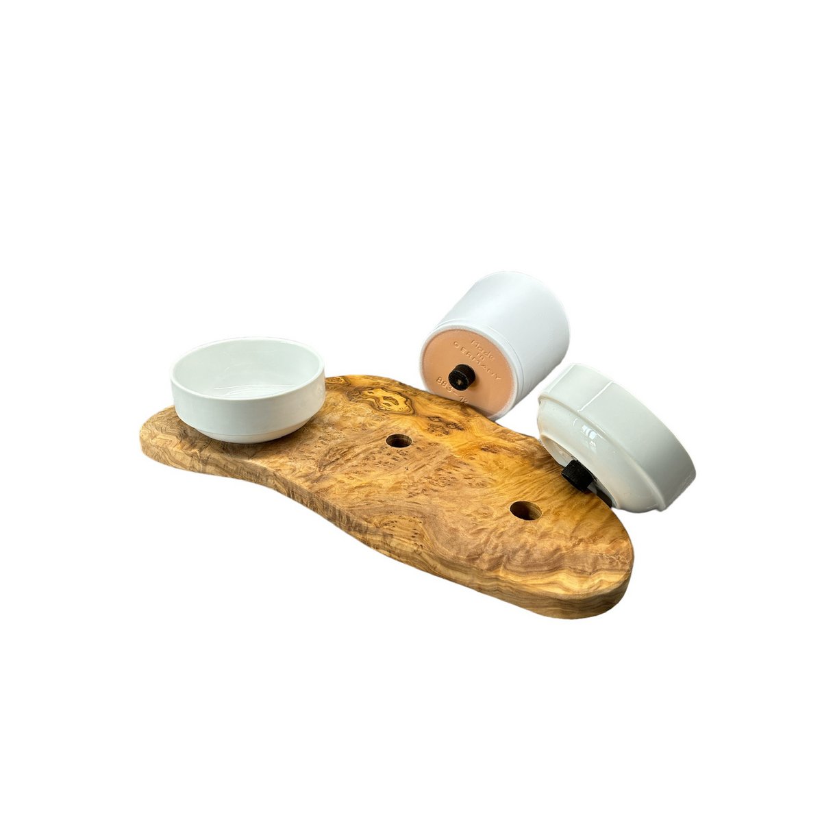 RUSTY feeding station 2x 0.4 liter porcelain bowls plus pot for cat grass olive wood