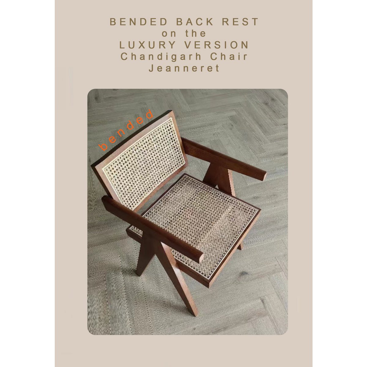 Luxury Design Chair Pierre Jeanneret: wide wood, walnut color + rattan, top quality