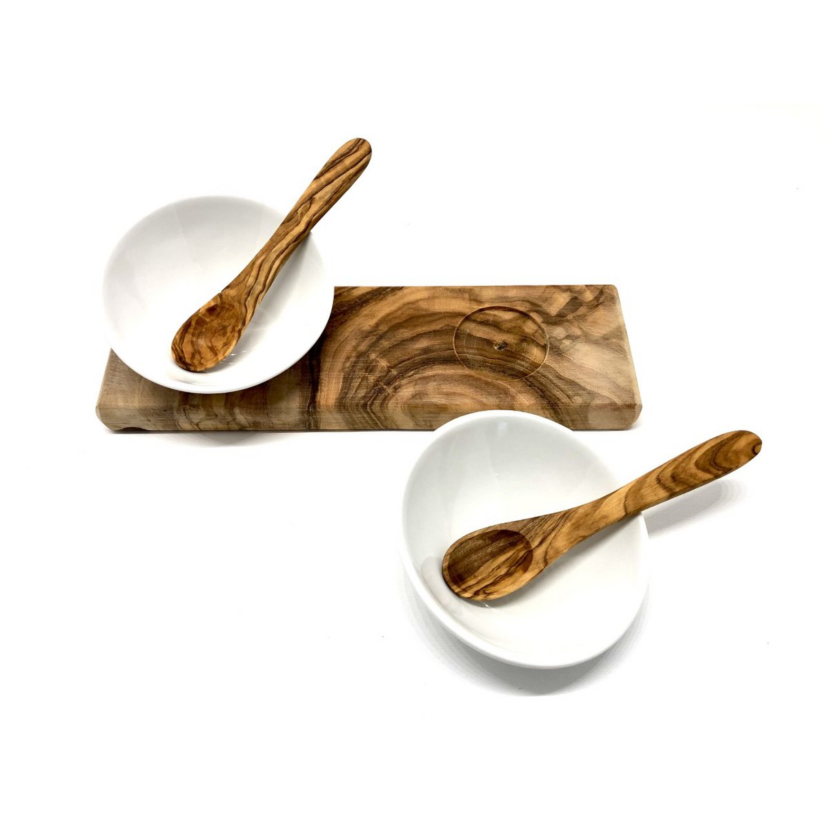 Set of 2 dip bowls DESIGN porcelain incl. 2 spoons on olive wood