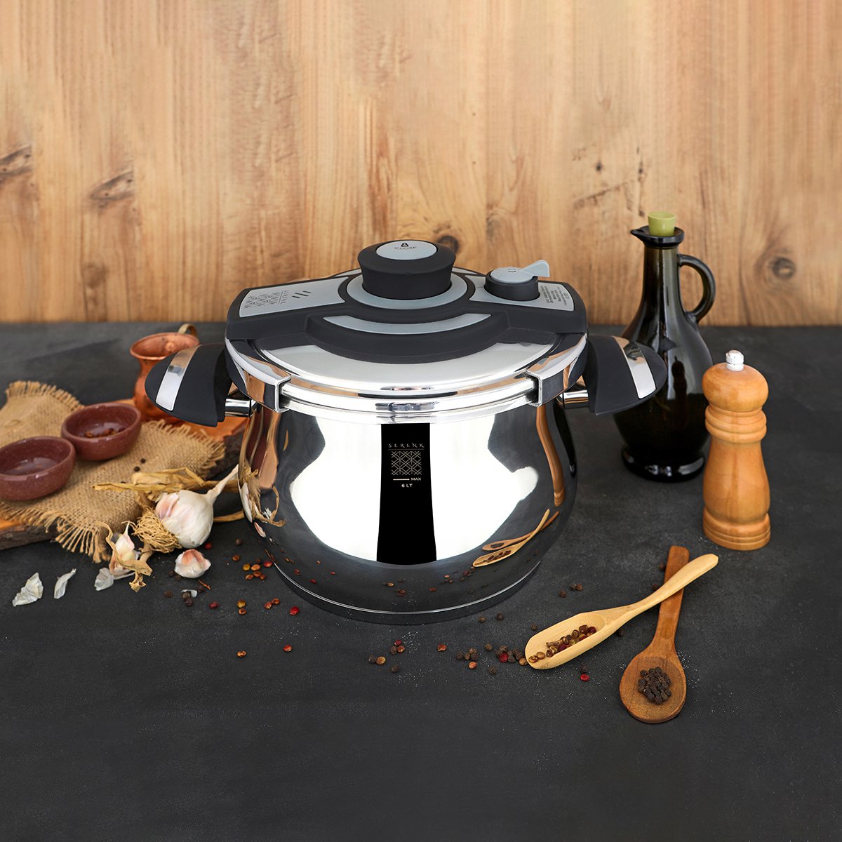 Serenk 6L Stainless Steel Pressure Cooker, Dishwasher Safe, Induction Compatible, Safety Lock