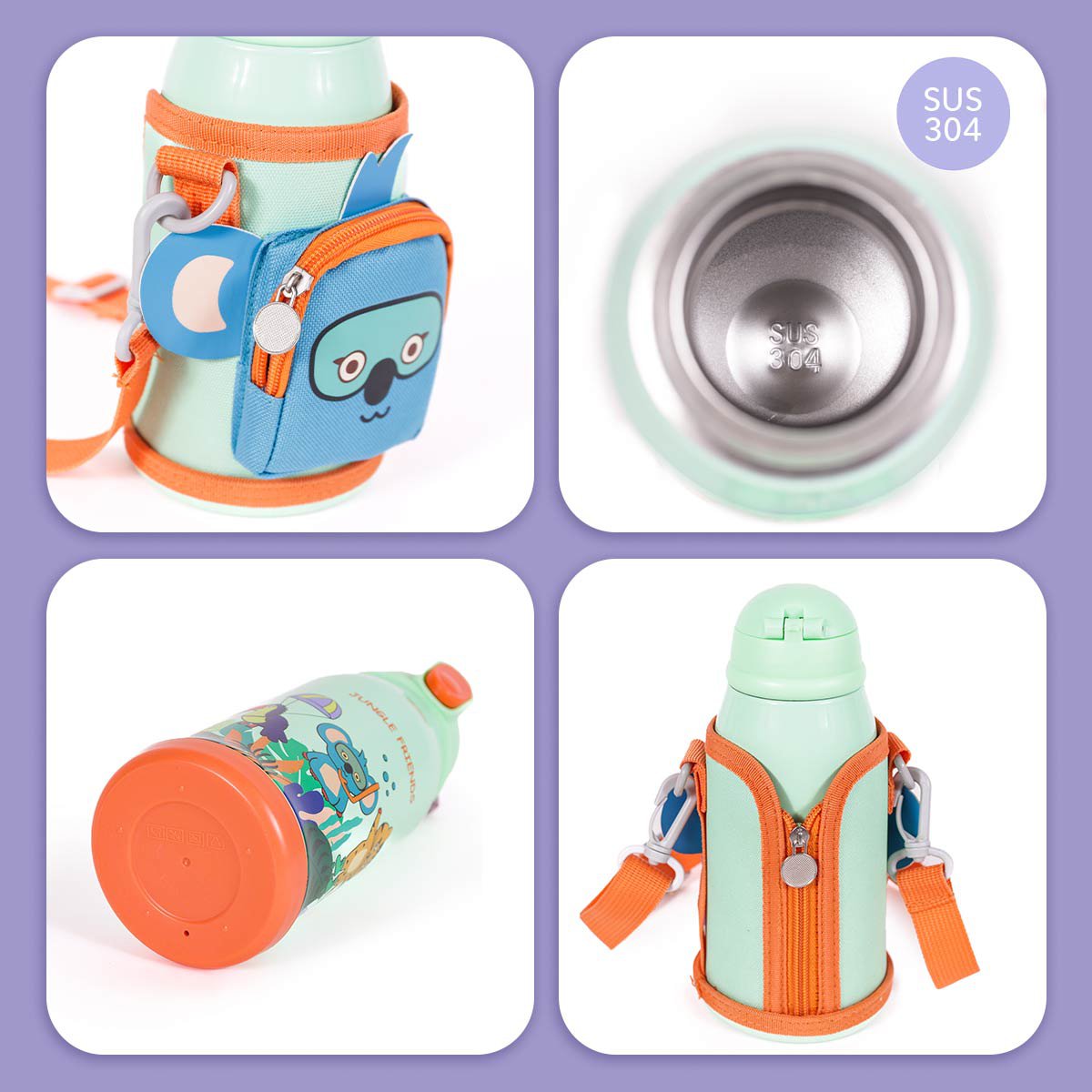MILK&MOO Steel Kids Water Bottle with Bag Jungle Friends 550ml / 18.5 oz