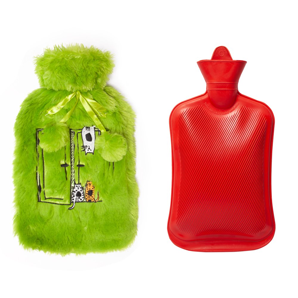 Biggdesign Cats Green Hot Water Bottle with Soft Plush Cover 68 OZ