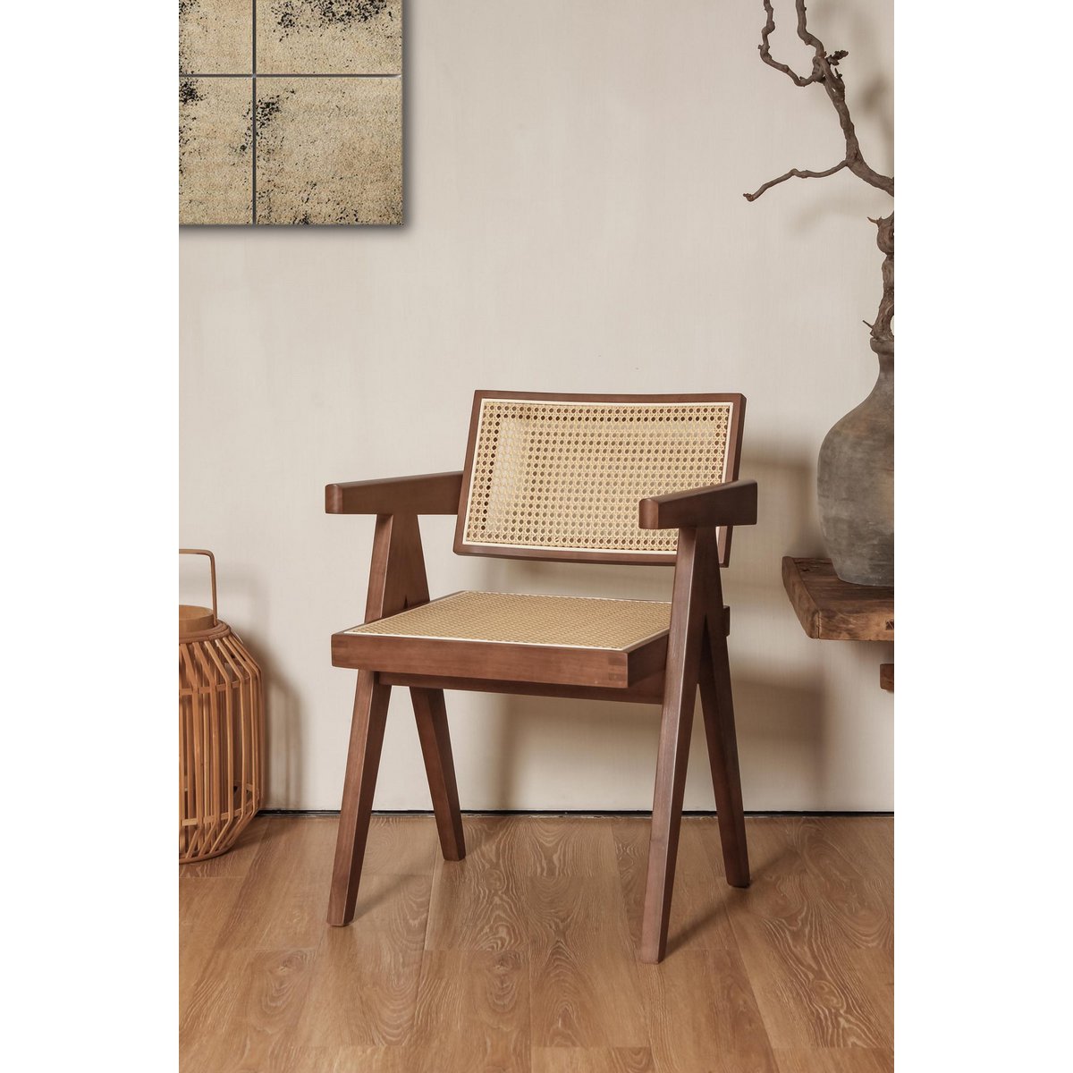 Luxury Design Chair Pierre Jeanneret: wide wood, walnut color + rattan, top quality