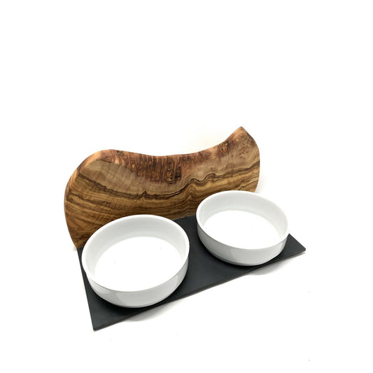 Feeding station MOUNTAIN 2x 0.9 liter porcelain bowl olive wood
