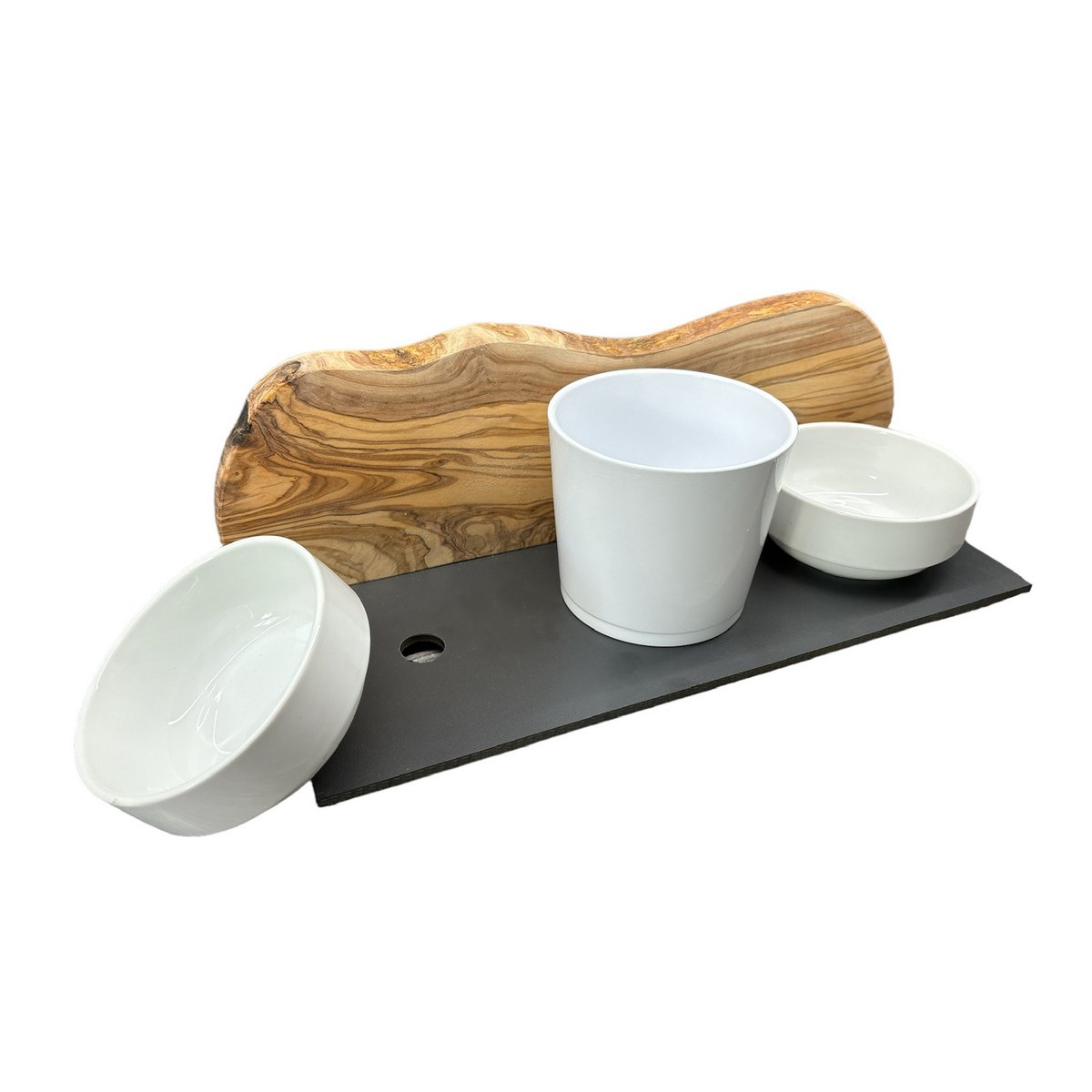 MOUNTAIN feeding station 2x 0.4 liter porcelain bowls plus pot for cat grass olive wood