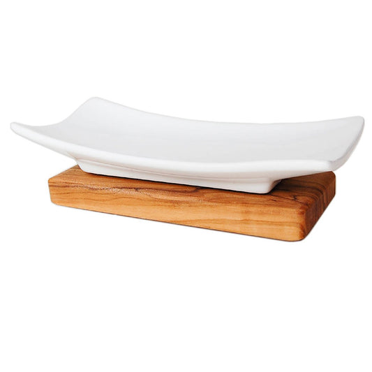 Porcelain soap dish on an olive wood base
