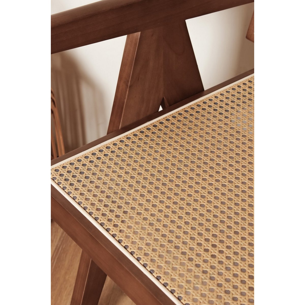 Luxury Design Chair Pierre Jeanneret: wide wood, walnut color + rattan, top quality