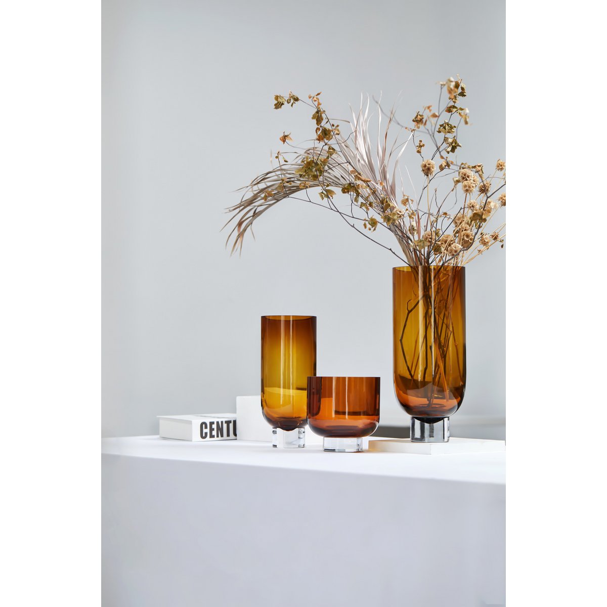 Modern Luxury 9MM thick glass vase, Sober Design, very tall, warm dark orange, OMAHA36AM
