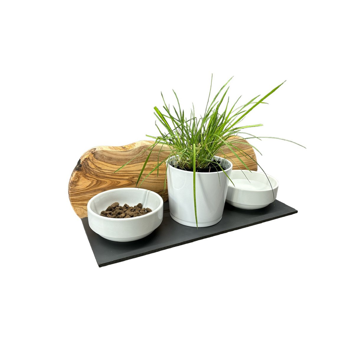 MOUNTAIN feeding station 2x 0.4 liter porcelain bowls plus pot for cat grass olive wood