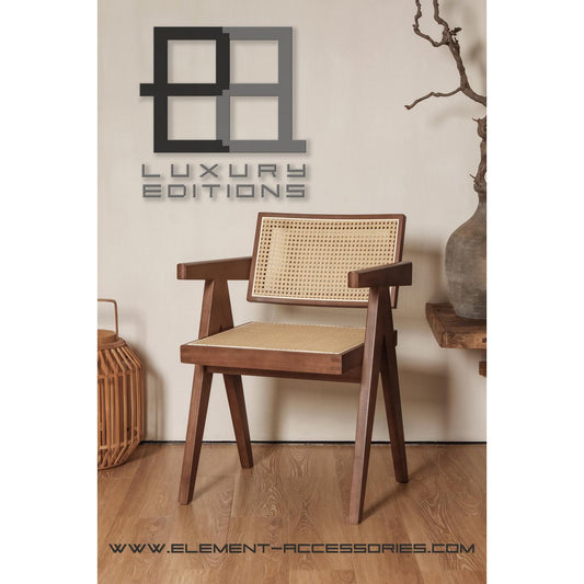 Luxury Design Chair Pierre Jeanneret: wide wood, walnut color + rattan, top quality