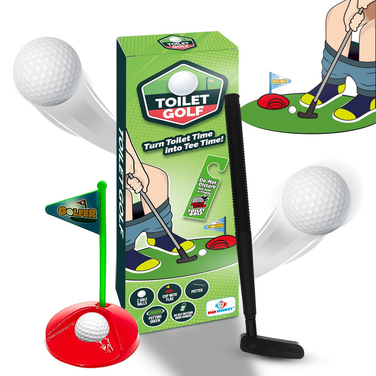 Mad Monkey - mini golf game with clubs and balls toilet golf set, toilet mini golf