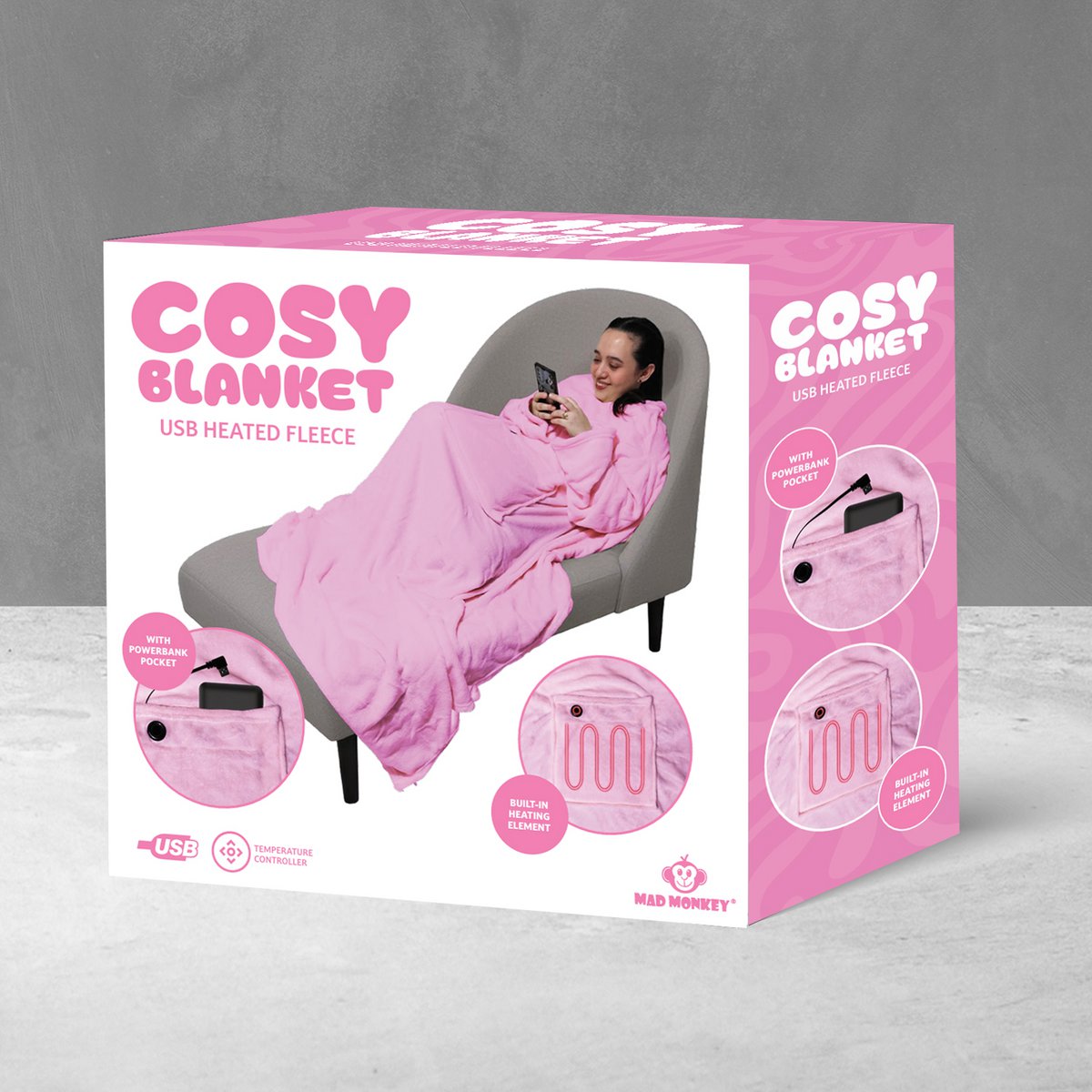 Mad Monkey - Heated Blanket Pink