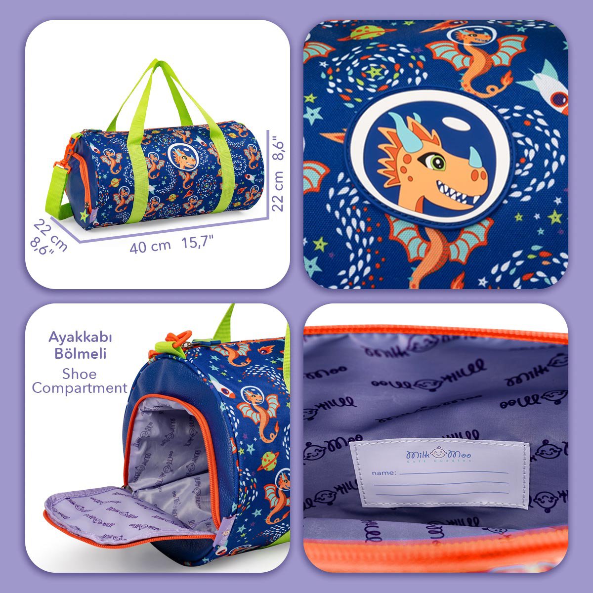 Milk&Moo Ponix Kids’ Sports Bag – Lightweight, Durable & Fun Design with Shoe Compartment