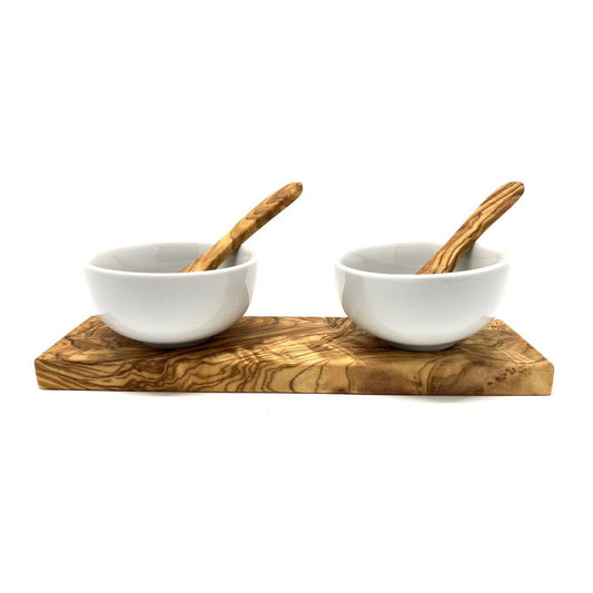 Set of 2 round porcelain dip bowls (Ø 8.5 cm) incl. 2 spoons on olive wood