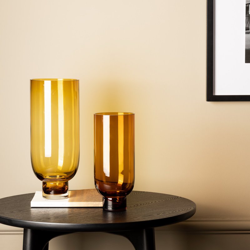 Sober modern tall glass vase, cylindrical shape on a solid base, warm dark orange, OMAHA18AM