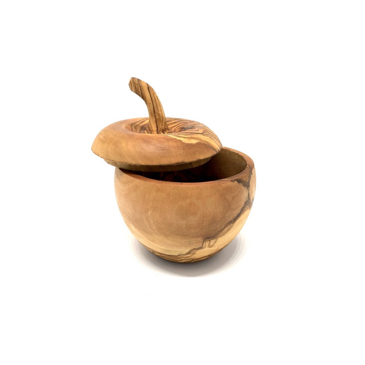 Apple-shaped salt box with salt shovel, olive wood