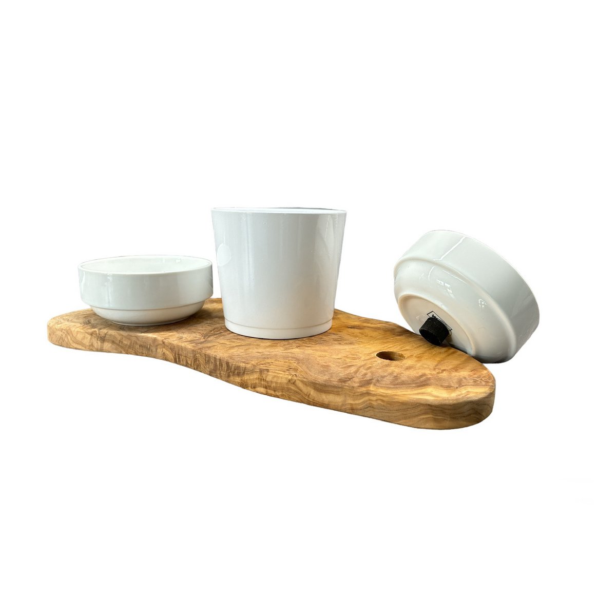 RUSTY feeding station 2x 0.4 liter porcelain bowls plus pot for cat grass olive wood