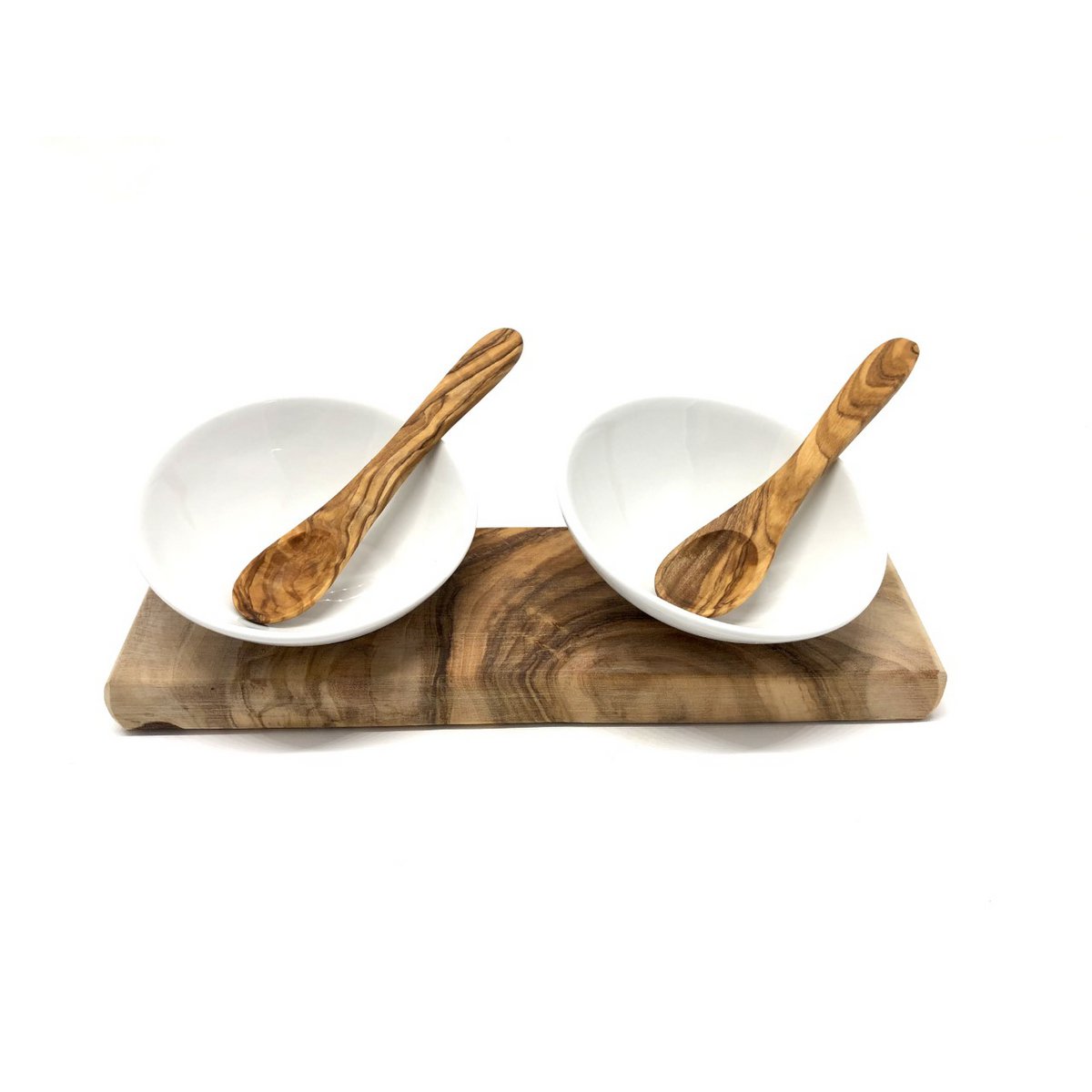 Set of 2 dip bowls DESIGN porcelain incl. 2 spoons on olive wood