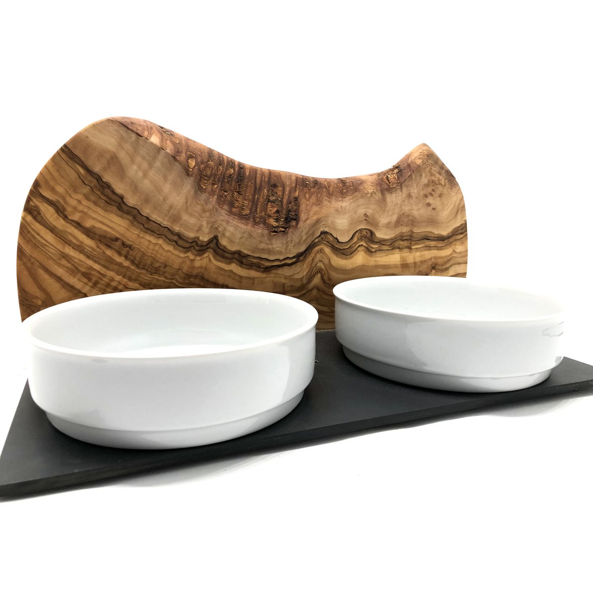 Feeding station MOUNTAIN 2x 0.9 liter porcelain bowl olive wood