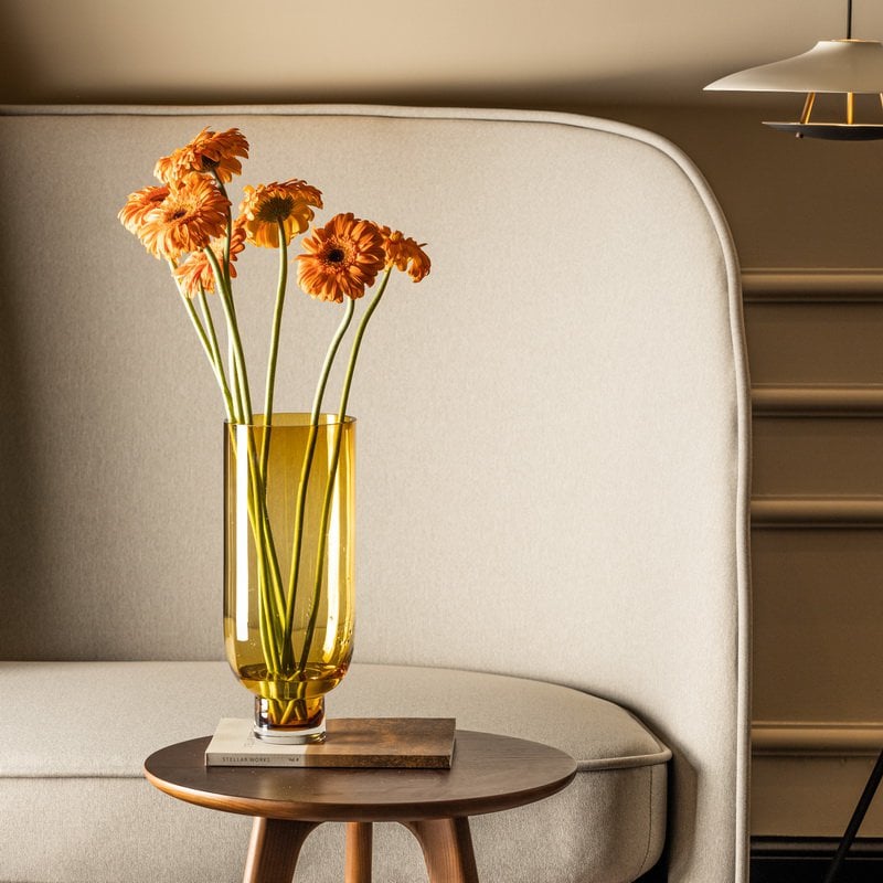 Sober modern glass vase, cylindrical shape on a solid base, warm dark orange, OMAHA14AM