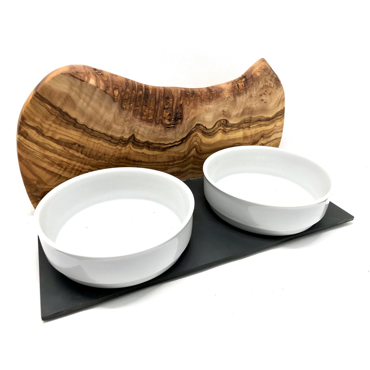 Feeding station MOUNTAIN 2x 0.9 liter porcelain bowl olive wood