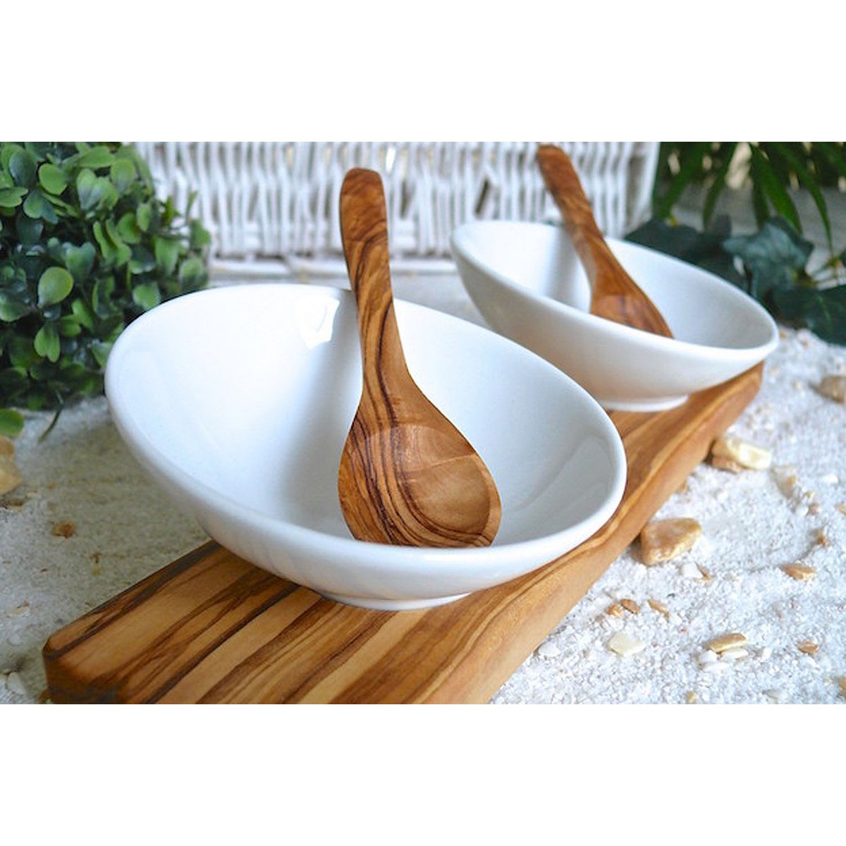 Set of 2 dip bowls DESIGN porcelain incl. 2 spoons on olive wood
