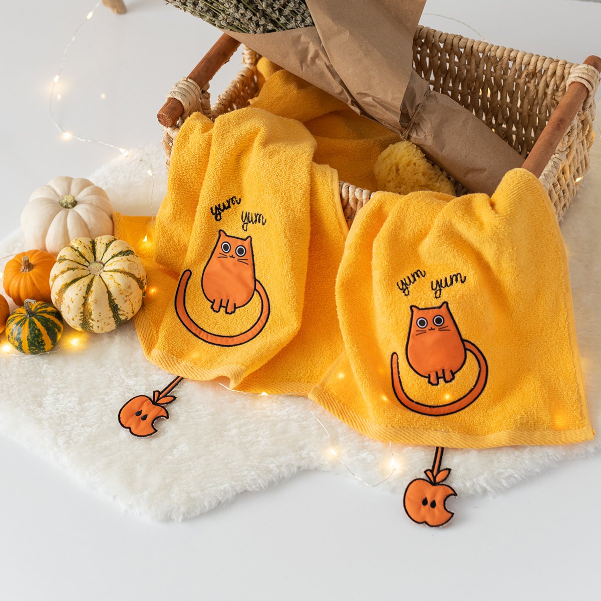 Milk & Moo Kids Hand Towel Set of 2 Chubby Cat, %100 Cotton