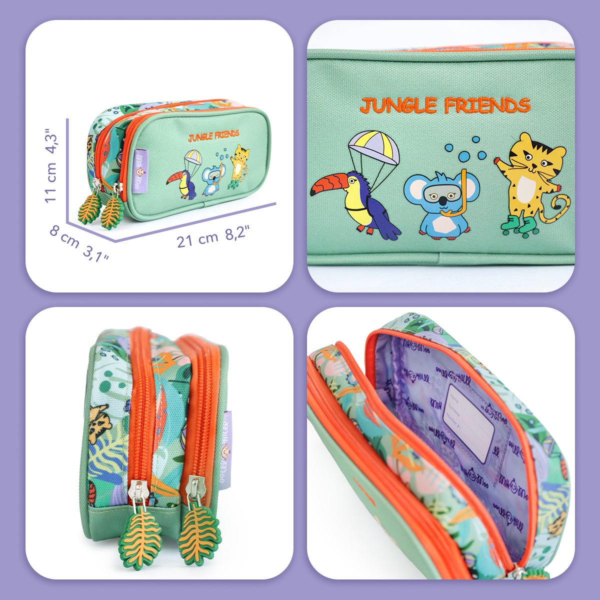 Milk&Moo Jungle Friends Double Compartment Pencil Case – Fun & Functional for Kids & Adults