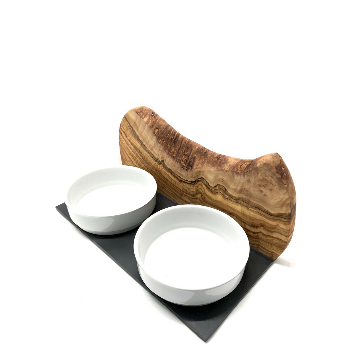 Feeding station MOUNTAIN 2x 0.9 liter porcelain bowl olive wood