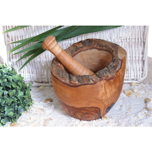 Mortar rustic Ã˜ 12 cm incl. pestle made of olive wood