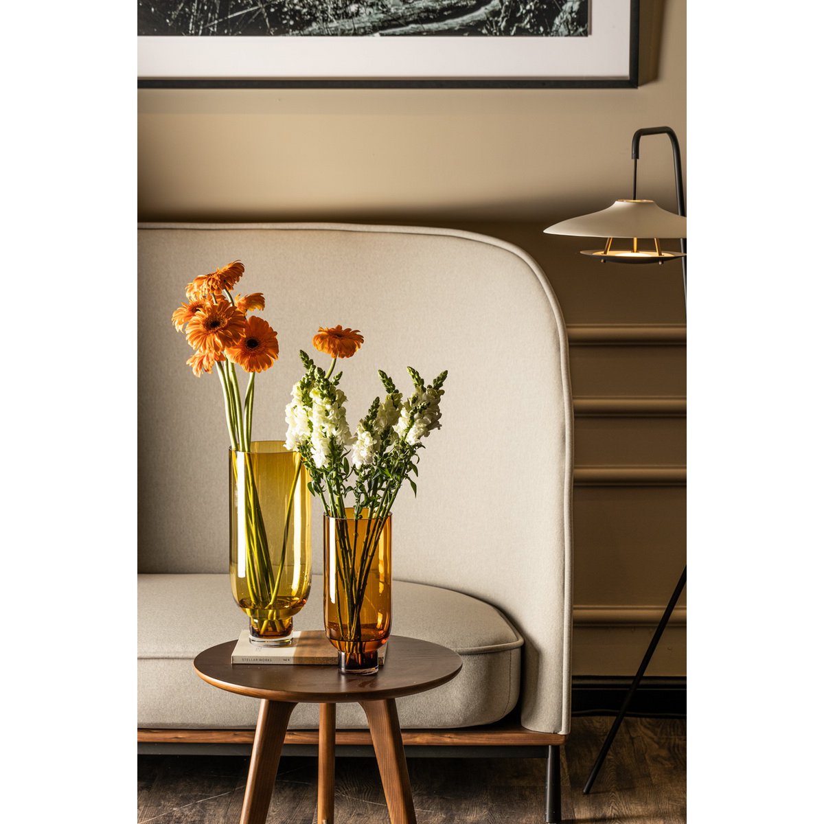 Sober modern glass vase, cylindrical shape on a solid base, warm dark orange, OMAHA14AM