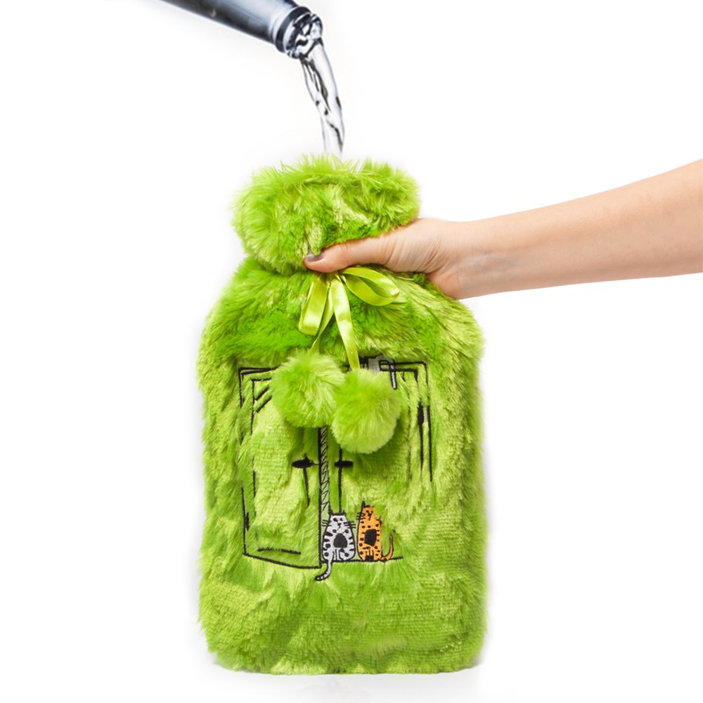 Biggdesign Cats Green Hot Water Bottle with Soft Plush Cover 68 OZ