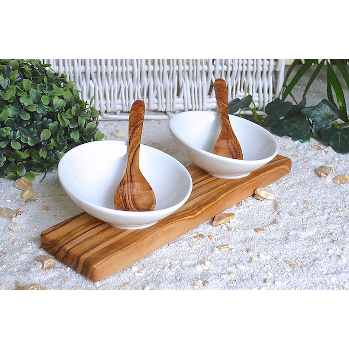 Set of 2 dip bowls DESIGN porcelain incl. 2 spoons on olive wood