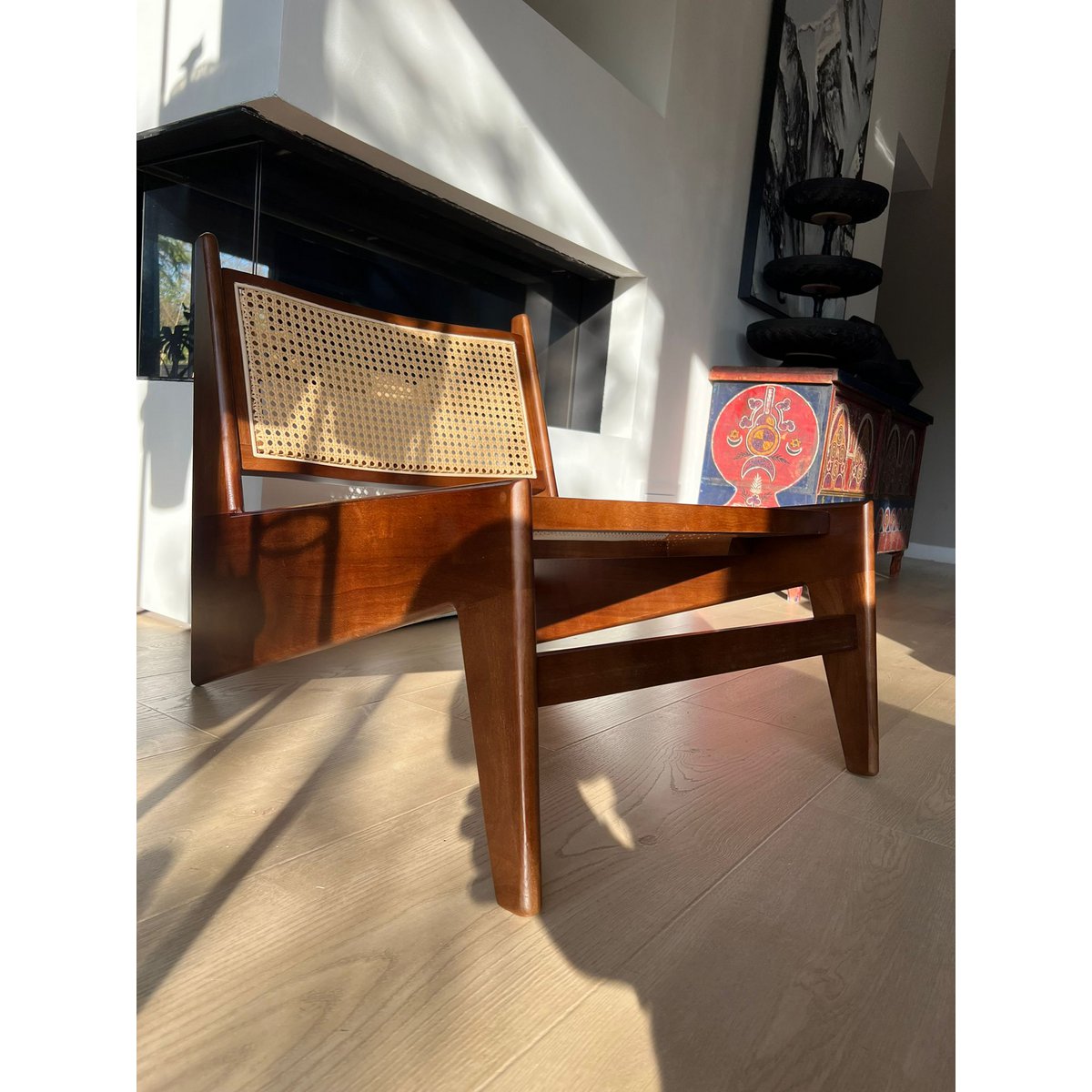 Kangaroo chair - Jeanneret style - massive wood and rattan