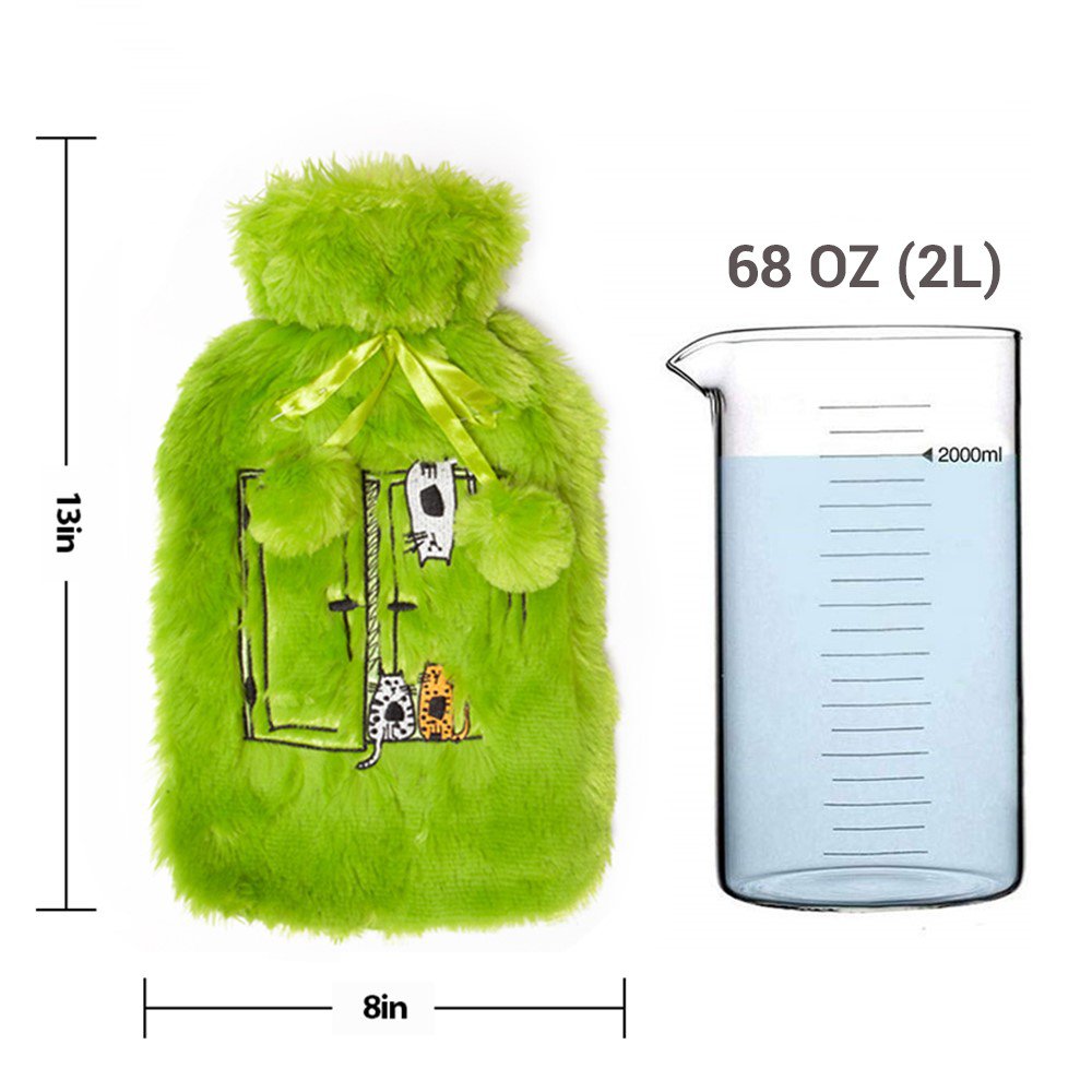 Biggdesign Cats Green Hot Water Bottle with Soft Plush Cover 68 OZ