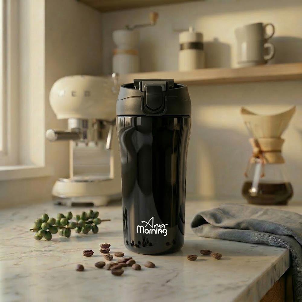 Any Morning 14 oz Travel Mug SI232021 - Black, Leakproof, Dual Lid, Stainless Steel