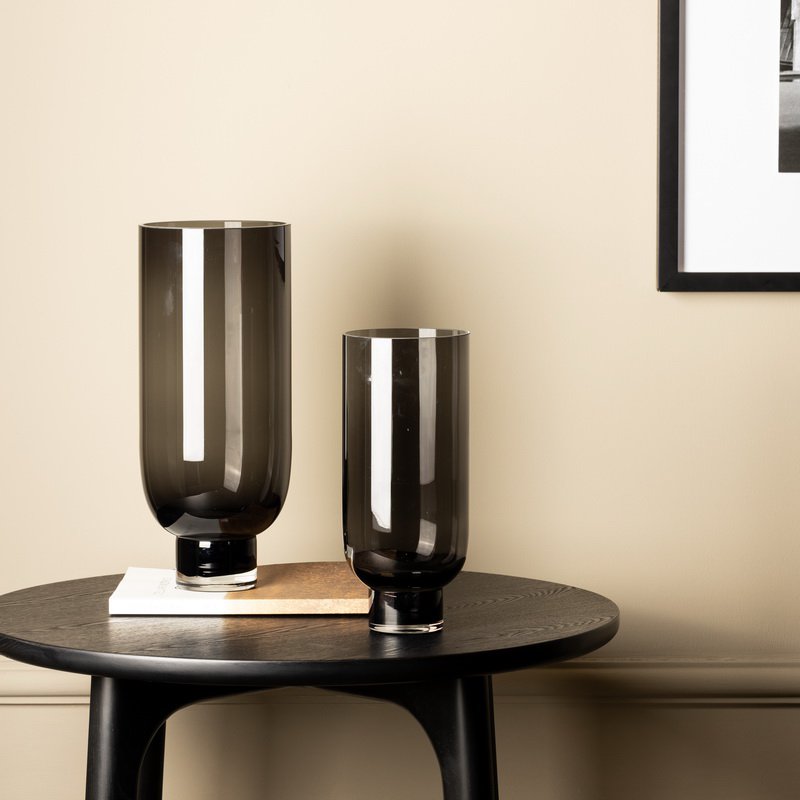 Sober modern tall glass vase, cylindrical shape on a solid base, warm dark orange, OMAHA18AM