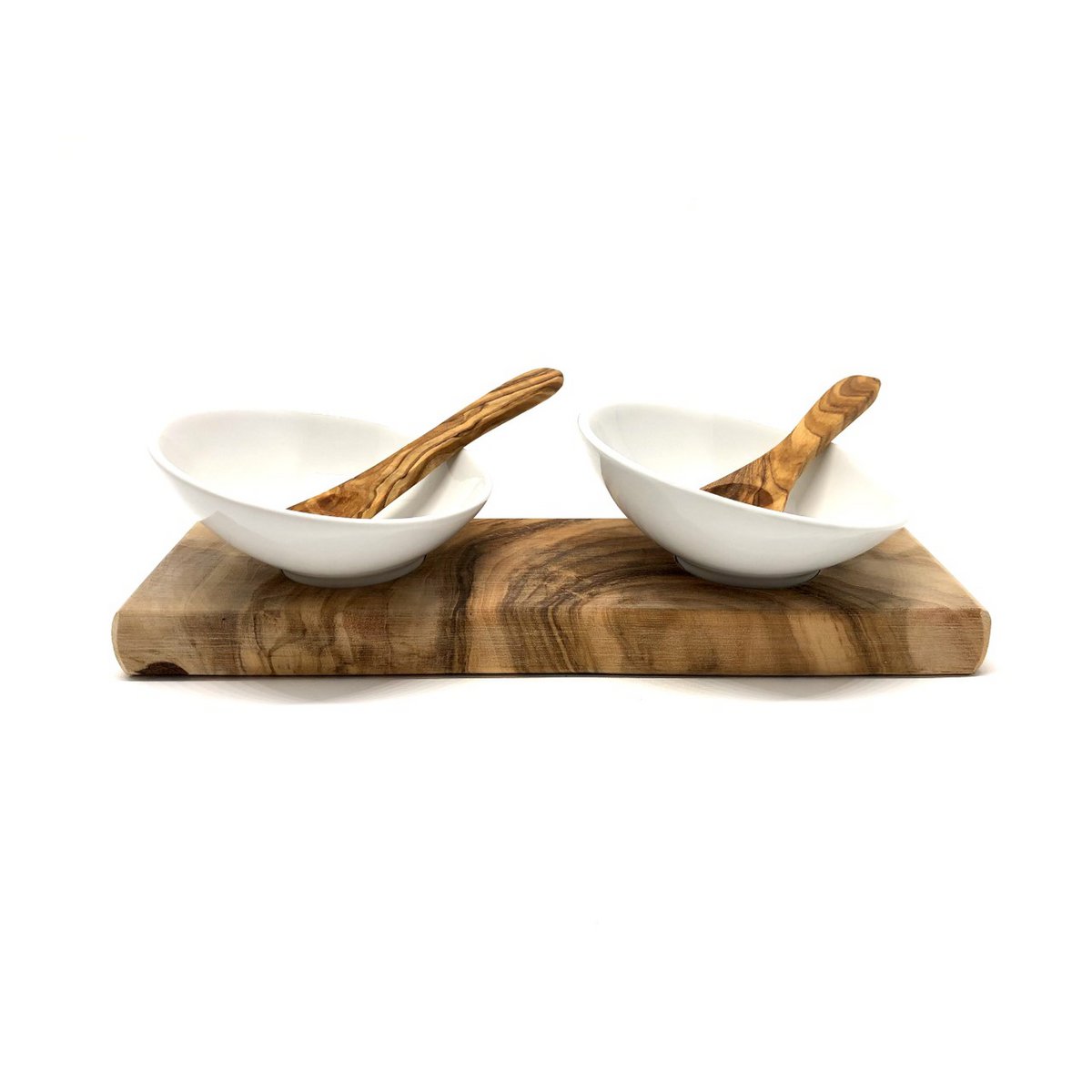 Set of 2 dip bowls DESIGN porcelain incl. 2 spoons on olive wood