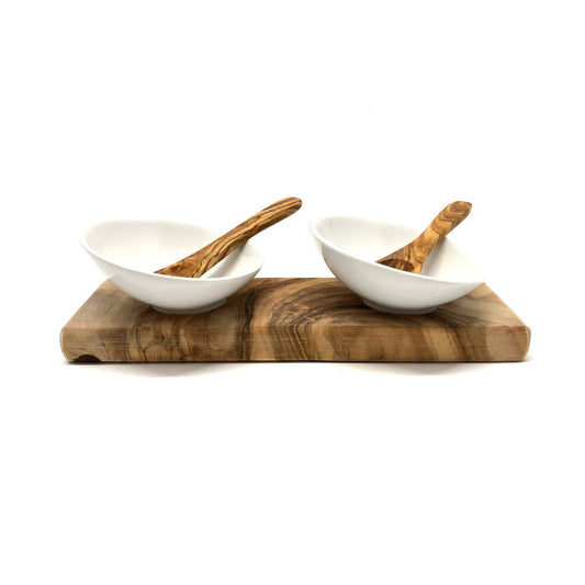 Set of 2 dip bowls DESIGN porcelain incl. 2 spoons on olive wood