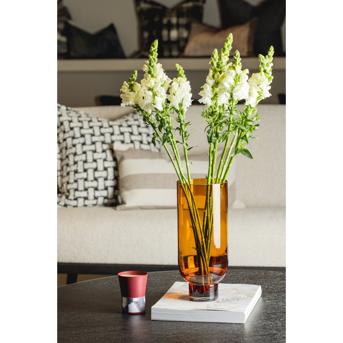 Sober modern tall glass vase, cylindrical shape on a solid base, warm dark orange, OMAHA18AM
