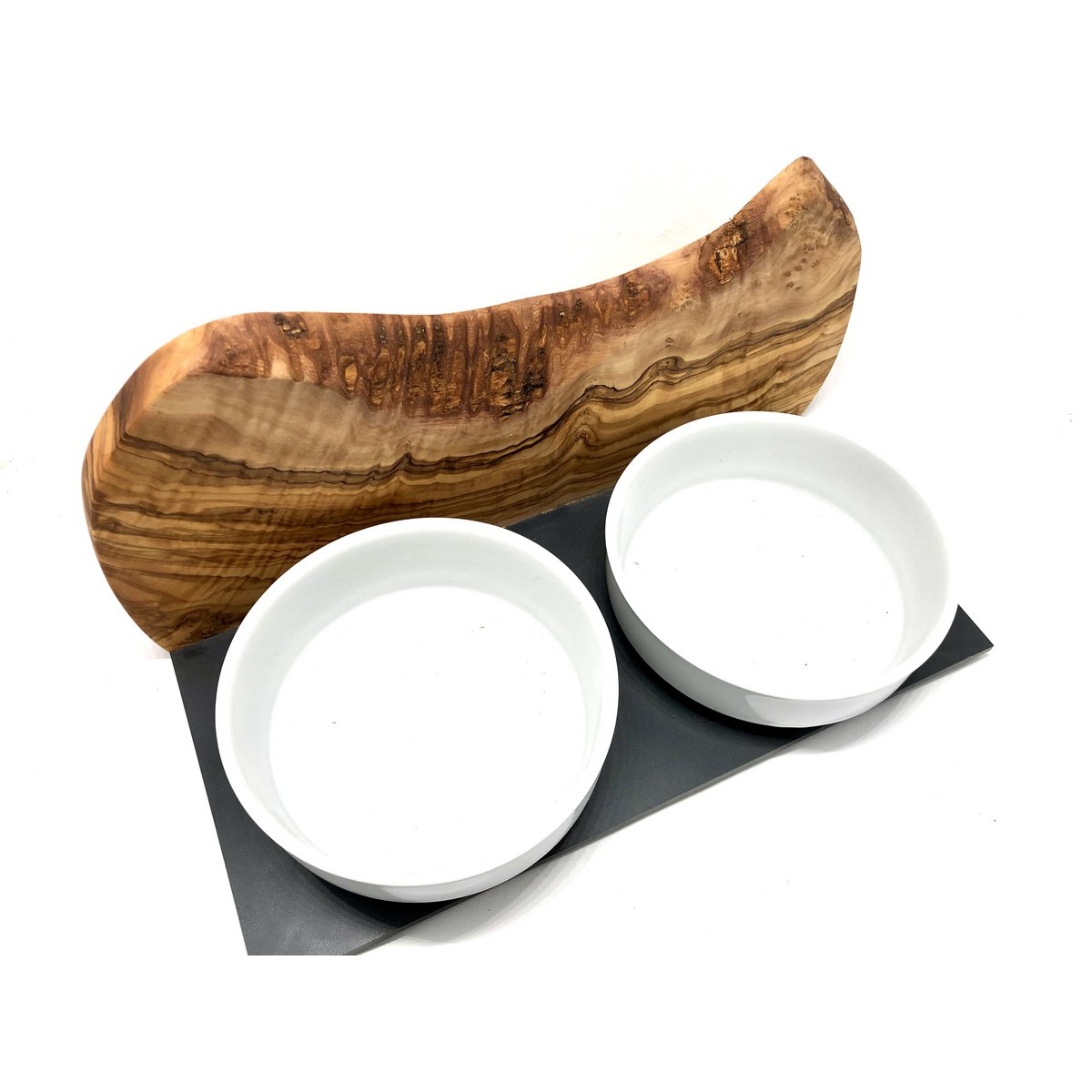 Feeding station MOUNTAIN 2x 0.9 liter porcelain bowl olive wood