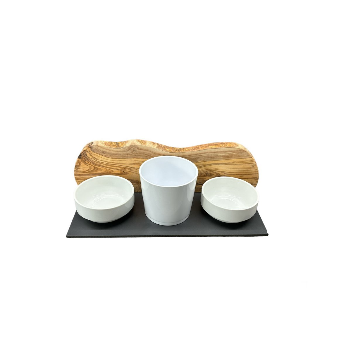 MOUNTAIN feeding station 2x 0.4 liter porcelain bowls plus pot for cat grass olive wood