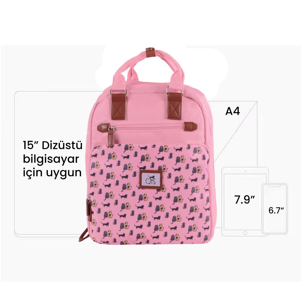 Biggdesign Cats Laptop Backpack, Water-Resistant, 15 inch Laptop Compatible School Bag, Pink