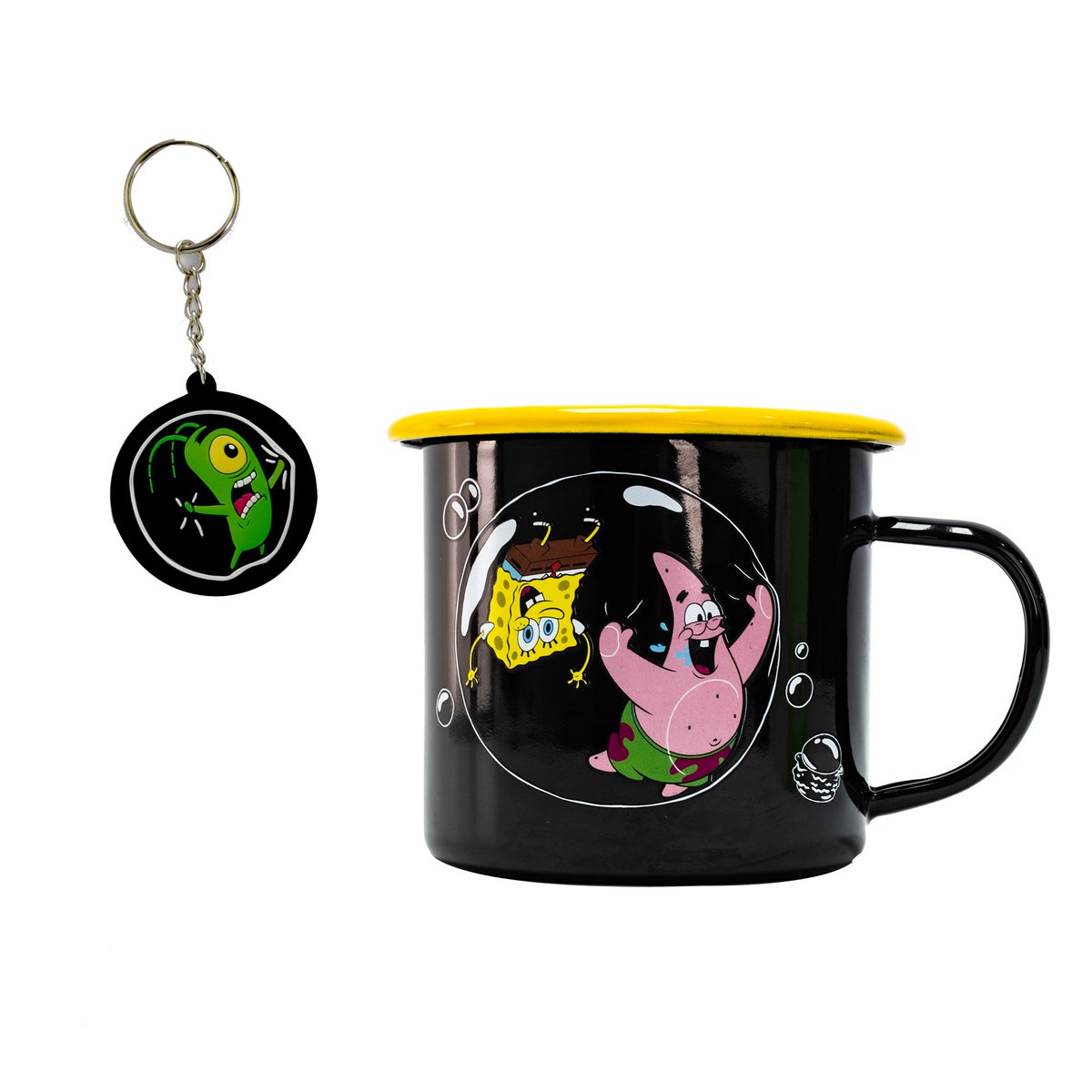 Spongebob Squarepants mug including keychain, SpongeBob and Patrick with soap bubbles, official merch